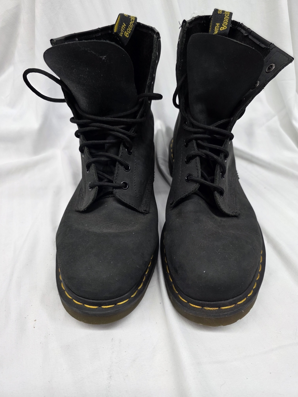 Dr. Martens Black Leather Lace-Up Boots with Yellow Stitching
